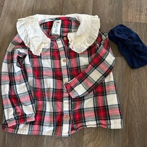 H&M Christmas Red Plaid with Ruffle Collar + Navy Bow 18mo